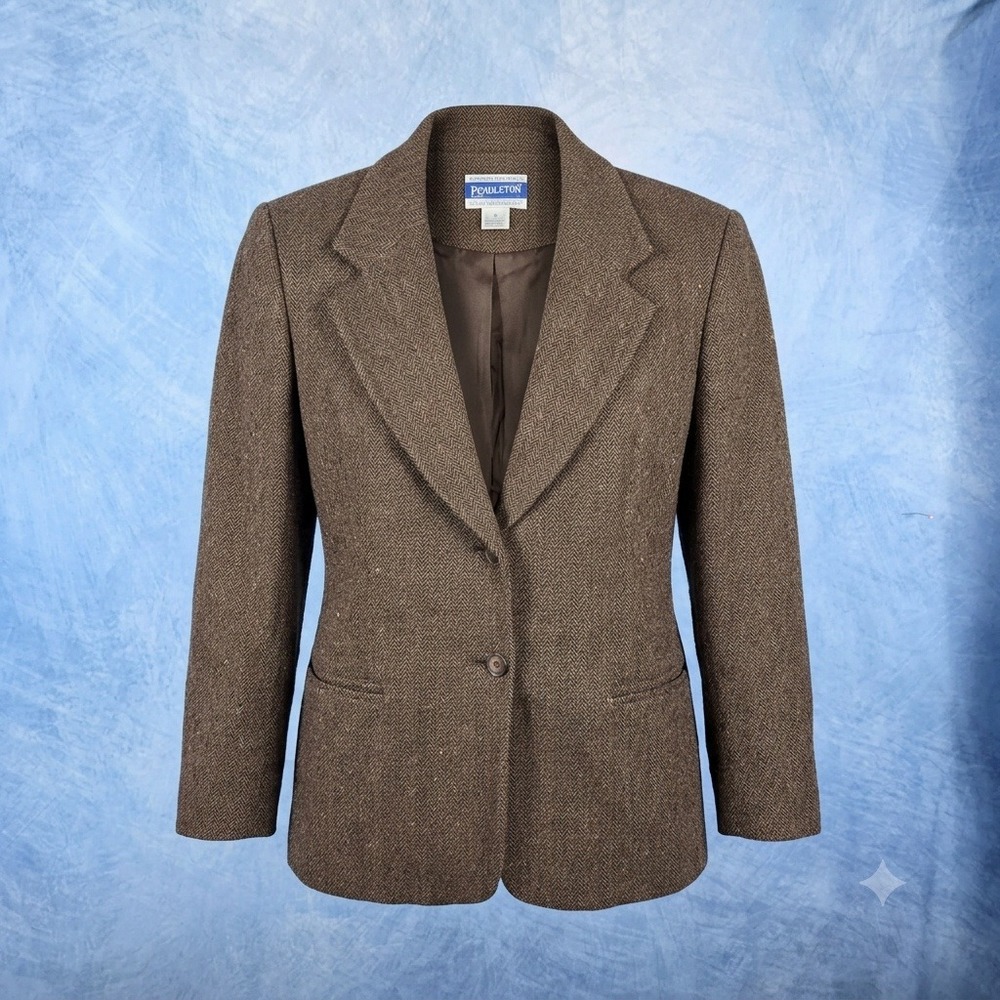 Vintage Pendleton Brown Herringbone Wool Blazer Jacket Womens 10 USA Made